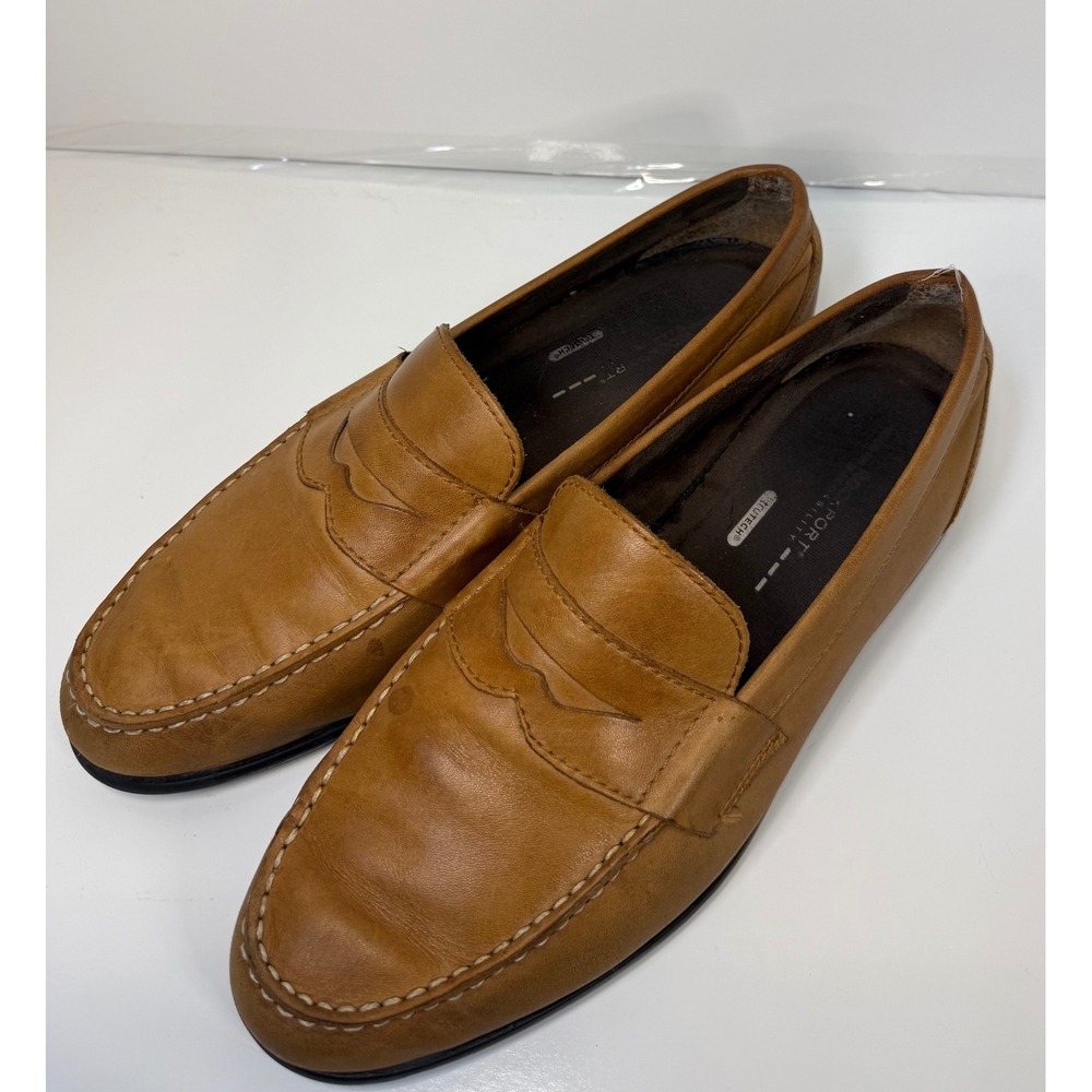 Rockport Mens truTECH Tan Leather Size 10 Penny Loafers Moc Toe Slip On Shoes